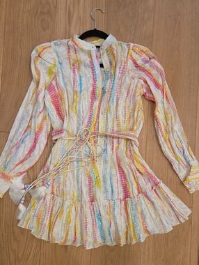 HEMANT & NANDITA White Mini Dress with Pink, Yellow & Blue Stripes